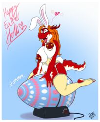 2017 absurd_res anthro big_breasts border breasts dinosaur drxii easter egg female hi_res holidays holli looking_pleasured nipple_piercing nipples nushi piercing reptile scalie sex_toy simple_background solo vibrator white_border