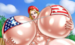 1girls abs american american_flag bakunyuu_jagd_panther big_breasts bikini bikini_bottom bikini_top bimbo blonde_hair blue_eyes breast_hold breasts busty cleavage curvy detailed_background eyelashes eyeshadow female female_only female_soldier flag_bikini front_view gigantic_breasts hat huge_breasts human kochikame light-skinned_female light_skin lipstick long_hair looking_down makeup mature midriff military muscle muscular muscular_female nail_polish negoto_(nego6) outdoor outside pose posing red_lipstick shiny shiny_skin short_hair shounen_jump skimpy solo sweat swimsuit thick_thighs thong underboob voluptuous wide_hips yellow_hair