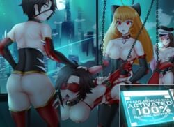 4girls ass big_breasts blindfold bondage brainwashing breasts chains cinder_fall collar corset dominant dominant_female domination dominatrix elbow_gloves female female_only femdom femsub from_behind garter_belt hypnosis lingerie medium_breasts mind_control multiple_girls neo_(rwby) penny_polendina red_eyes ruby_rose rwby saliva slave slave_collar small_breasts strap-on submissive tabletknight tech_control thong_leotard tongue yuri