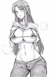 1girls blush breasts caster_(fate/stay_night) eyebrows eyebrows_visible_through_hair eyelashes eyelashes_visible_through_hair fate/grand_order fate/stay_night fate_(series) female gggg greyscale high_resolution jeans large_breasts medea medea_(fate) micro_bikini monochrome navel simple_background sweatdrop white_background