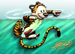 absurd_res calvin_and_hobbes felid feral genitals hi_res hobbes lobofeo male male_only mammal muscular pantherine penile_spines penis pinup pose smile solo tiger water