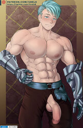 1boy abs balls big_penis blue_eyes blue_hair caspar_von_bergliez fire_emblem fire_emblem:_three_houses grelx half-dressed large_penis male male_only muscle muscles muscular muscular_male nipples open_clothes open_pants pecs penis post-timeskip solo solo_focus sweat sweatdrop testicles uncensored