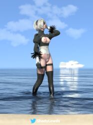 1girls 3d beach blender_(software) clothed clothing female female_only gray_pubic_hair grey_pubic_hair nier:_automata outdoor outdoor_nudity outdoors outside pubic_hair ripped_clothing seaside shadylewds solo_female standing torn_clothes torn_clothing watermark white_hair white_pubic_hair yorha_2b