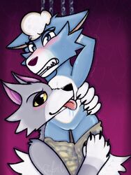 animal_crossing anthro blue_fur bondage chains claws dominant drool fang_(animal_crossing) furry gentle licking nintendo pussy restrained skye_(animal_crossing) straight submission tease video_games wolf