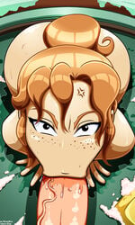 1boy 1girls :>= angry big_ass blowjob deponia fellatio female freckles ginger kogeikun male pov saliva shower third-party_edit toni_(deponia) unseen_male_face