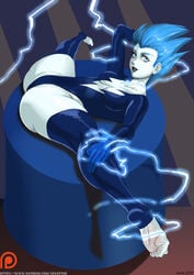 2017 blue_eyes blue_hair blue_skin clothed clothing dc dc_comics dcau electricity feet female female_only gloves laying_down legs legwear leotard lipstick livewire long_legs on_back pale_skin patreon solo spread_legs stretching superman:_the_animated_series superman_(series) xplotter