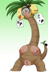 2019 2:3 3_heads alolan_exeggutor anthro bea_(pokemon) bodily_fluids breasts brown_body censored dialogue elemental_creature female flora_fauna fusion genital_fluids hair heart hi_res implied_transformation multi_head nintendo nipples nude open_mouth plant pokémon_(species) pokaan_(aserazu_netamazu) pokemon pokemon_sm pokemon_ss pussy pussy_juice smile standing transformation video_games