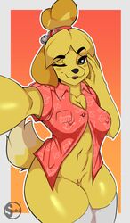 1girls 2020 animal_crossing anthro blush bottomless breasts canid canine canis clothing female female_only front_view fur furry furry_only genitals hi_res isabelle_(animal_crossing) legwear looking_at_viewer mammal navel nintendo pussy shirt simple_background smile solo solo_female standing suki262 tail thick_thighs topwear video_games