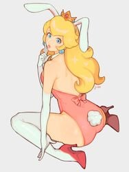 1girls 2020 artist_name artist_signature blonde_hair blue_earrings blue_eyes bunnysuit crown earrings elbow_gloves female female_only fully_clothed gloves hair hair_ornament high_heels jivke kneeling light-skinned_female light_skin long_hair mario_(series) nintendo pink_suit princess_peach shoes solo solo_female solo_focus