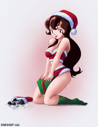 1girls alternate_outfit ass breasts brown_eyes brown_hair christmas cleavage coal enessef-uu giselle_(pokemon) human kneeling legs lipstick looking_at_viewer nintendo pokemon pokemon_rgby present santa_hat socks text thighs watermark wide_hips