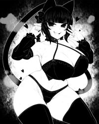 animal_ears big_breasts blush bra ginku_mh monochrome panties pointy_ears rin_kaenbyou smile tagme tail thighhighs touhou