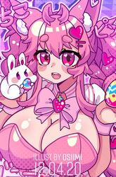 blush bowtie bunnysuit easter eggs fox_ears fox_girl hairclip huge_breasts kireina_pinky_fox osiimi pink_eyes pink_fur pink_hair pinky_fox_(osiimi) rabbit virtual_youtuber