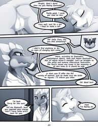 anthro bodily_fluids clothed clothing comic darkmirage dialogue digital_media_(artwork) dragonchu english_text fan_character female fur genital_fluids genitals greeting hair hi_res lizard male nude open_mouth page_25 pussy quetzalli_(character) reptile scalie text