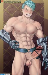 1boy abs balls bara big_penis blue_hair blush caspar_von_bergliez censored closed_eyes cum disembodied_hand erect_penis erection fire_emblem fire_emblem:_three_houses grelx handjob huge_cock human large_penis male male_only muscle muscles muscular muscular_male nipples open_mouth orgasm pecs penis post-timeskip six_pack solo solo_focus sweat sweatdrop teeth testicles thighs