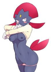 1girls abs absurd_res anthro anthrofied blush breasts censored clothing female hi_res navel nintendo nipples pokémon_(species) pokemon pokemon_dppt pussy red_eyes solo umisag85rabb99 underwear video_games weavile wide_hips