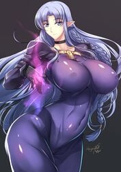 caster_(fate/stay_night) dress elf_ears fate/stay_night fate_(series) female female gloves haganef high_resolution huge_breasts large_ass large_breasts long_hair magic_user medea_(fate) pointy_ears purple_dress signature wide_hips witch