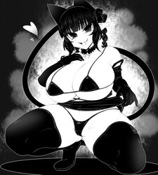 animal_ears big_breasts bra ginku_mh monochrome pointy_ears ribbon rin_kaenbyou smile tagme thighhighs thong tongue_out touhou