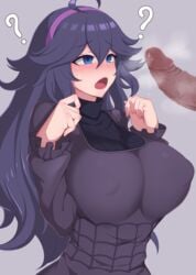 1boy ? absurdres ahoge black_sweater blue_eyes blush breast_squeeze breasts censored covered_nipples dark-skinned_male disembodied_penis dress eyebrows_visible_through_hair female goth hair_between_eyes hairband hex_maniac highres huge_breasts human large_breasts long_hair mosaic_censoring open_mouth out_of_frame penis penis_awe pokemon pokemon_xy purple_background purple_dress ribbed_sweater rubewe simple_background solo_focus steam steaming_body straight sweatdrop sweater tareme turtleneck turtleneck_sweater upper_body