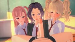 3girls bellsrow big_penis blonde_hair forearm_cock gyaru handjob koikatsu multiple_girls penis_awe pink_hair pov purple_hair school_uniform