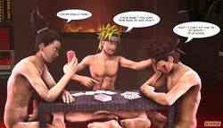 3boys 3d 3d_(artwork) barefoot big_penis black_eyes black_hair blonde_hair blue_eyes boner brown_hair cards crossed_legs dialogue erection facepaint feet gay giko18 huge_cock imminent_sex inuzuka_kiba large_penis legs male male_only multiple_boys multiple_males naked nara_shikamaru naruto naruto_(series) naruto_shippuden nude penis playing_cards ponytail sitting soles source_filmmaker tan_skin text tied_hair toes uncensored uzumaki_naruto whisker_markings whiskers yaoi yellow_hair