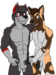 african_wild_dog anthro balls canid canine canis duo erection genitals grin grope male male/male mammal mapdark nude penis piercing simple_background smile tongue tongue_out toony wolf