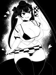 big_breasts blush bra female ginku_mh hat hatate_himekaidou heart large_breasts long_hair monochrome pointy_ears short_skirt solo tagme thighhighs thong touhou twintails