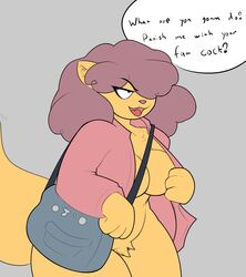 1girls anthro bottomless breasts clothed clothing danonymous dialogue english_text feline female female_only furry parody penny_(sweetbeans99) pubic_hair solo solo_female speech_bubble tagme text thick_thighs wide_hips