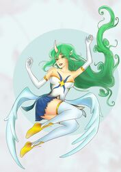 animal_ears green_eyes green_hair horn league_of_legends monster_girl smooth_skin soraka star_guardian star_guardian_series star_guardian_soraka thighhighs velsturn wings