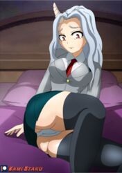 1girls aged_up breasts cameltoe clothing eri_(my_hero_academia) female_only grey_hair horn kami_otaku looking_at_viewer my_hero_academia panties patreon red_eyes school_uniform solo thighhighs