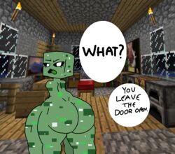 3d_background back_view bedroom creeper engrish green_skin huge_ass huge_butt huge_thighs hyper hyper_ass hyper_butt imminent_anal imminent_sex lewdcraft looking_at_viewer minecraft screenshot talking_to_viewer thick_thighs video_games wide_hips window