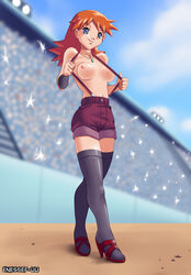 1girls breasts enessef-uu female grey_eyes heels holly_(pokemon) human jewelry looking_at_viewer navel necklace nipples orange_hair overalls pokemon pokemon_dppt public public_exposure pulling_clothing red_hair short_shorts smile stadium suspenders thighhighs