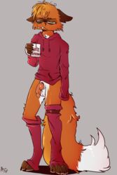 2020 2:3 4_toes anatomically_correct anatomically_correct_genitalia anatomically_correct_penis animal_genitalia animal_penis anthro balls big_tail black_claws blonde_hair brown_body brown_fur brown_markings brown_nose canid canine canine_penis claws clothing cup digital_media_(artwork) dipstick_tail english_text facial_markings fangs fluffy fluffy_tail fox front_view fuf full-length_portrait fur genitals green_eyes grey_background grumpy hair head_markings hi_res holding_cup holding_object hoodie knot leg_warmers legwear long_tail looking_at_viewer male male_only mammal markings multicolored_body multicolored_fur multicolored_tail orange_body orange_fur orange_tail penis pink_clothing pink_legwear pink_penis pink_topwear portrait short_hair signature simple_background solo standing text toe_claws toes topwear two_tone_tail white_balls white_body white_fur white_tail