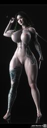 1girls 3d abs artist_name bare_shoulders barefoot big_breasts breasts busty cleavage completely_nude curvy detailed_background english_text erect_nipple erect_nipples female female_only front_view full_body green_hair holding_object hourglass_figure human indoors inside katana long_hair looking_at_viewer muscles muscular muscular_female naked naked_female nipples nude nude_female original_character pose posing pussy reflection shaved_pussy siliconaya solo solo_female spread_legs spreading standing sword tattoo text voluptuous weapon wide_hips