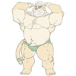 1:1 2020 anthro balls_out belly bulge felid genital_outline hi_res hombretigre kemono male male_only mammal meimei_kia overweight overweight_male pantherine penis_outline simple_background solo tiger tokyo_afterschool_summoners video_games white_background