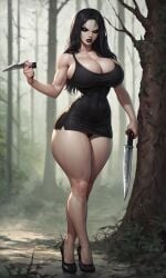 ai_generated assassin big_breasts black_dress black_eyes creepypasta dress forest goth jane_the_killer knife pale-skinned_female