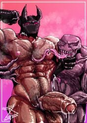 2boys bara big_penis cum_drip gay large_tongue licking_nipples masturbation original_character piercing_nipples purple_skin red_eyes tail yurbabygurlmg zartzy