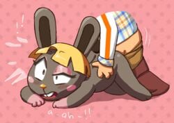 ! 1girls all_fours ambiguous_penetration animal_crossing bangs blonde_hair blunt_bangs blush bonbon_(animal_crossing) buckteeth bunny_ears bunny_girl bunny_tail clothed_male_nude_female eyebrows_visible_through_hair eyelashes eyeshadow female female_focus fur furry furry_ears furry_tail grey_body grey_fur hands_on_waist human human_on_anthro lagomorph lagomorph_humanoid moaning nintendo nude nude_female open_mouth pants pants_down sex shirt simple_background solo_focus soubriquetrouge star yellow_nose