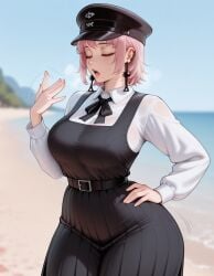 1girls ai_generated beach chainsaw_man closed_eyes drunknnasty fami_(chainsaw_man) fanning_self large_breasts open_mouth outdoors pinafore_dress pink_hair sweat thick_thighs