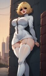 ai_generated alley big_breasts black_eyes blonde_hair clothed clothed_female judge_anderson pale-skinned_female seductive_look short_hair stockings visible_panties