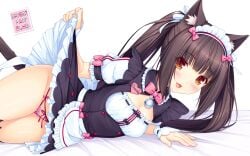 1girls amber_eyes animal_ears bed blush brown_hair cat_ears chocola_(sayori) cleavage female female_only hair_ornament hair_ribbon kemonomimi lingerie long_hair looking_at_viewer lying lying_on_side maid maid_headdress nekomimi nekopara panties sayori simple_background skirt_lift smile solo tail thighhighs twintails underwear white_background