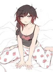 1girls bed breasts eyebrows_visible_through_hair female female_only looking_at_viewer ndgd open_mouth pajamas ruby_rose rwby simple_background sleep_mask sleepy solo solo_female source_request vault69