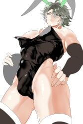 1boy 1femboy abs alhaitham_(genshin_impact) big_ass bulge bulge_through_clothing bunny_boy bunny_ears bunnysuit busty_boy crossdressing femboy gay genshin_impact gloves green_eyes grey_hair knee_boots leotard male male_only muscular muscular_male pale-skinned_male rynanakagawa solo_male trap yaoi