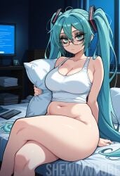 1girls ai_generated bags_under_eyes blue_eyes blue_hair breasts chubby chubby_female glasses hatsune_miku hugging_pillow looking_at_viewer night on_bed shewwwhore vocaloid