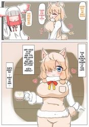 /\/\ 2girls :3 absurdres alpaca alpaca_ears alpaca_suri_(kemono_friends) alpaca_tail alternate_breast_size animal_ear_fluff animal_ears big_breasts blonde_hair blue_eyes blush bottomless breast_grab breasts clothes_lift cute disembodied_limb eyebrows_visible_through_hair female fingernails fur-trimmed_sleeves fur_scarf fur_trim furrowed_eyebrows grabbing grabbing_from_behind groin groping hair_bun half-closed_eye hands_up heart heart-shaped_pupils heart_censor highres huge_breasts kemono_friends latina long_sleeves looking_at_viewer medium_hair navel neck_ribbon nipples no_bra open_mouth peruvian_female pussy_juice ribbon scarf simple_background solo_focus stomach sweat sweater sweater_lift symbol-shaped_pupils trembling unaligned_breasts upper_body white_background