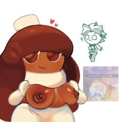 big_breasts brown_hair cocoa_cookie cookie cookie_run cookie_run_kingdom dark_skin fat_tits implied_sex meme mint_choco_cookie oiled salchipapaasada