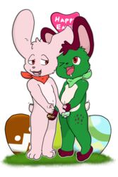 anthro balls bodily_fluids duo fondling furrypatrol genital_fluids genitals hi_res hoya82 lagomorph leporid male male/male mammal precum rabbit