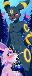 1boy 1girls ai_generated anthro anthro_on_anthro anthro_penetrated balls_deep big_balls big_breasts big_penis blowjob blowjob_face cum cum_facial cum_in_mouth cum_inside cum_on_breasts cum_on_face deepthroat eeveelution espeon fellatio female forest hands_on_head heart-shaped_pupils irrumatio jscammie kneeling kneeling_oral_position kneeling_position male male/female mf naked night nighttime nude oral oral_sex outside outside_sex pokemon pokemon_(species) pokemorph romantic_couple sideview throat_bulge umbreon