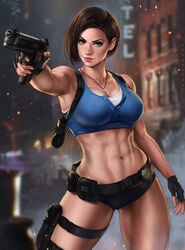 abs badge belt blue_eyes brown_hair capcom dandon_fuga firearm gloves gun handgun handwear harness holster jill_valentine jill_valentine_(sasha_zotova) panties pistol resident_evil resident_evil_3 resident_evil_3_remake short_hair smoking_gun strap thick_thighs toned toned_female topwear weapon