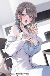 2girls big_breasts blue_eyes blush chigusa_minori cleavage female female_focus female_only female_pov food indoors multiple_girls nail_polish open_mouth pov saotome_shino scrunchie shino_to_ren sitting solo_focus spoon tied_hair