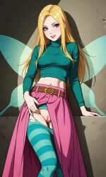 1girls ai_generated athletic_female blonde_female blonde_hair blue_eyes cornelia_hale fairy_wings female green_top long_hair long_hair_female medium_breasts pink_skirt w.i.t.c.h.